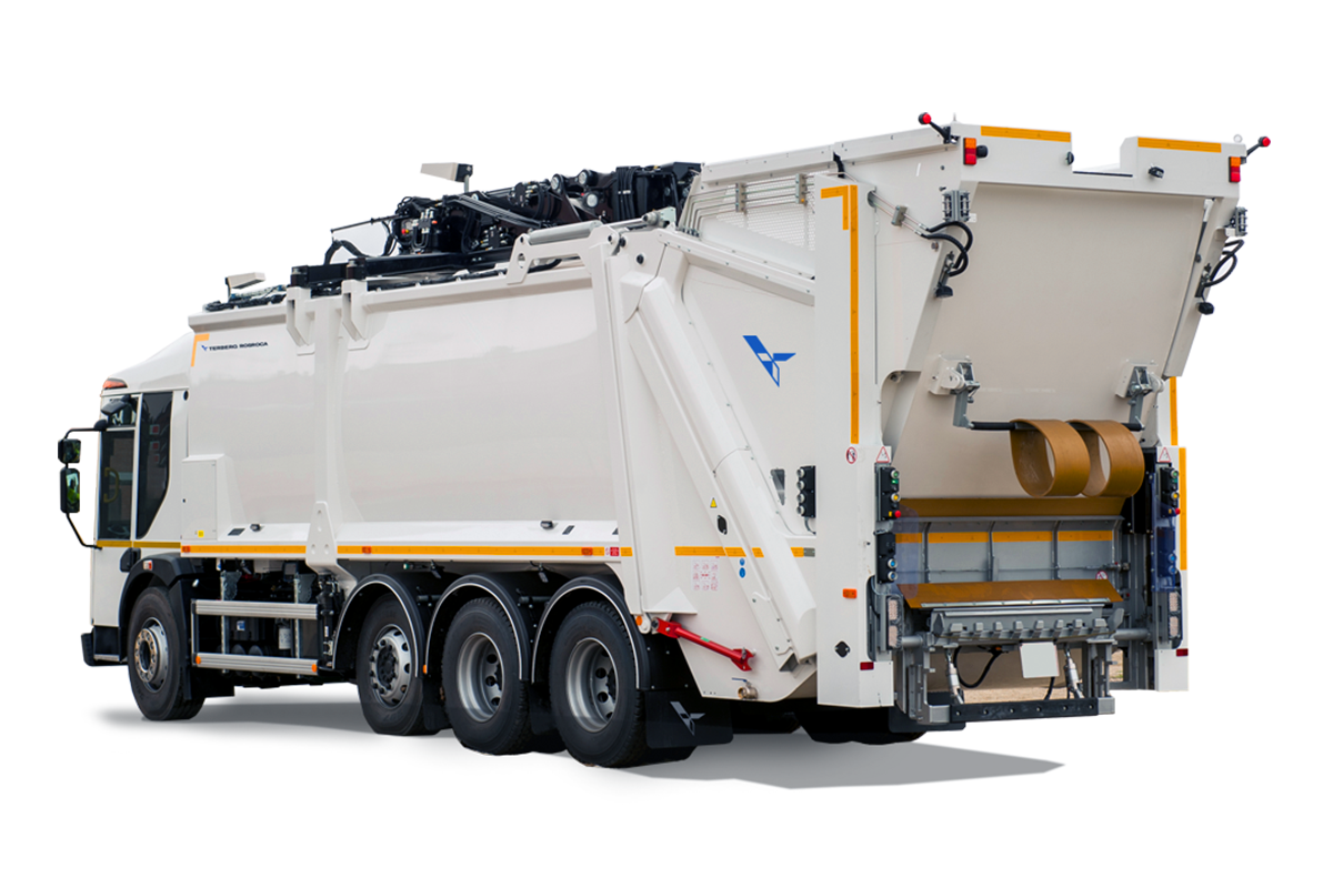 Compactador de carga traseira da Olympus para recolha de resíduos com grua
